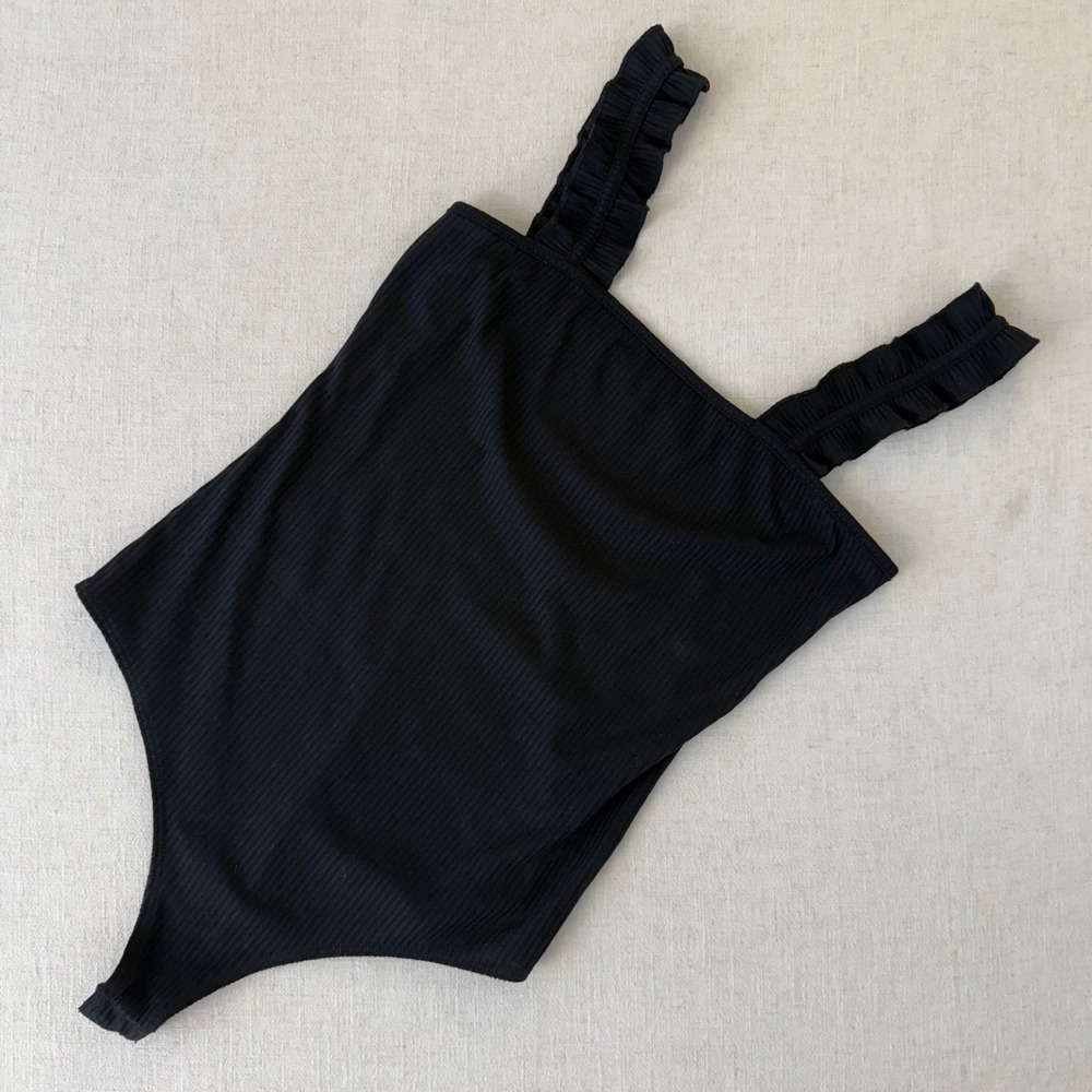 Simply Southern Womens Black Ribbed Ruffle Strap Bodice Bodysuit Small